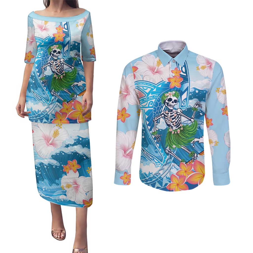 Personalized Hawaii Hula Girl Skeleton Dancing Couples Matching Puletasi and Long Sleeve Button Shirt Hibiscus Tribal Shark LT01 Blue - Polynesian Pride