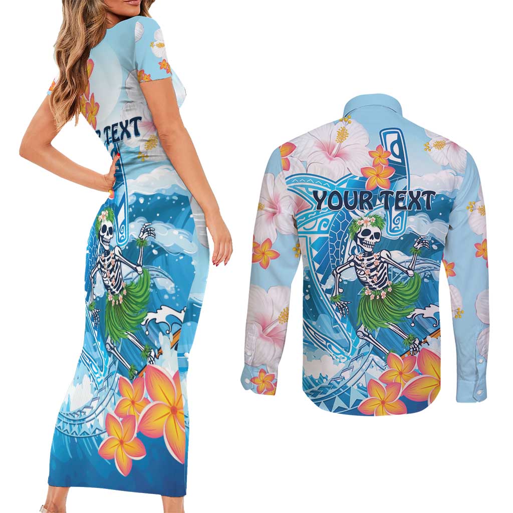 Personalized Hawaii Hula Girl Skeleton Dancing Couples Matching Short Sleeve Bodycon Dress and Long Sleeve Button Shirt Hibiscus Tribal Shark