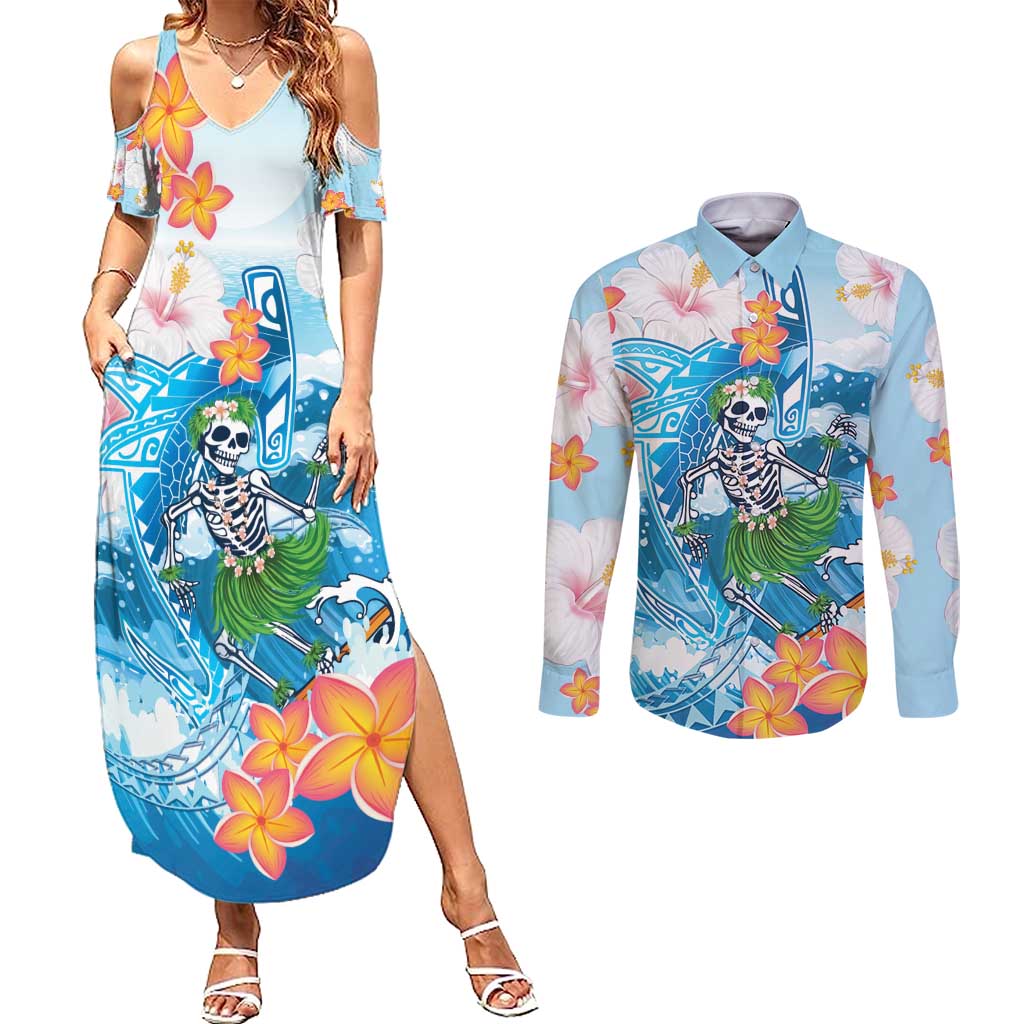 Personalized Hawaii Hula Girl Skeleton Dancing Couples Matching Summer Maxi Dress and Long Sleeve Button Shirt Hibiscus Tribal Shark