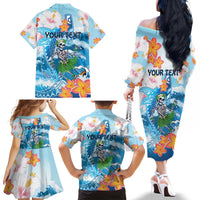 Personalized Hawaii Hula Girl Skeleton Dancing Family Matching Off The Shoulder Long Sleeve Dress and Hawaiian Shirt Hibiscus Tribal Shark