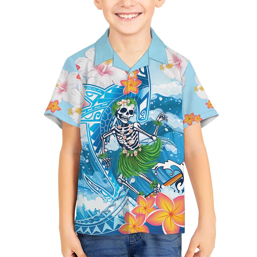 Personalized Hawaii Hula Girl Skeleton Dancing Kid Hawaiian Shirt Hibiscus Tribal Shark LT01 Kid Blue - Polynesian Pride