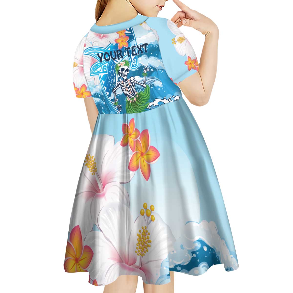 Personalized Hawaii Hula Girl Skeleton Dancing Kid Short Sleeve Dress Hibiscus Tribal Shark