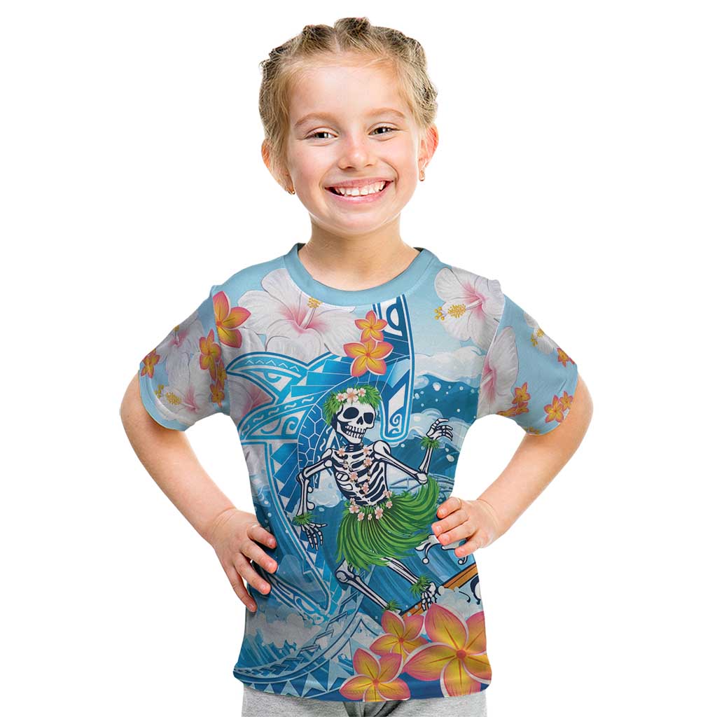 Personalized Hawaii Hula Girl Skeleton Dancing Kid T Shirt Hibiscus Tribal Shark LT01 Blue - Polynesian Pride