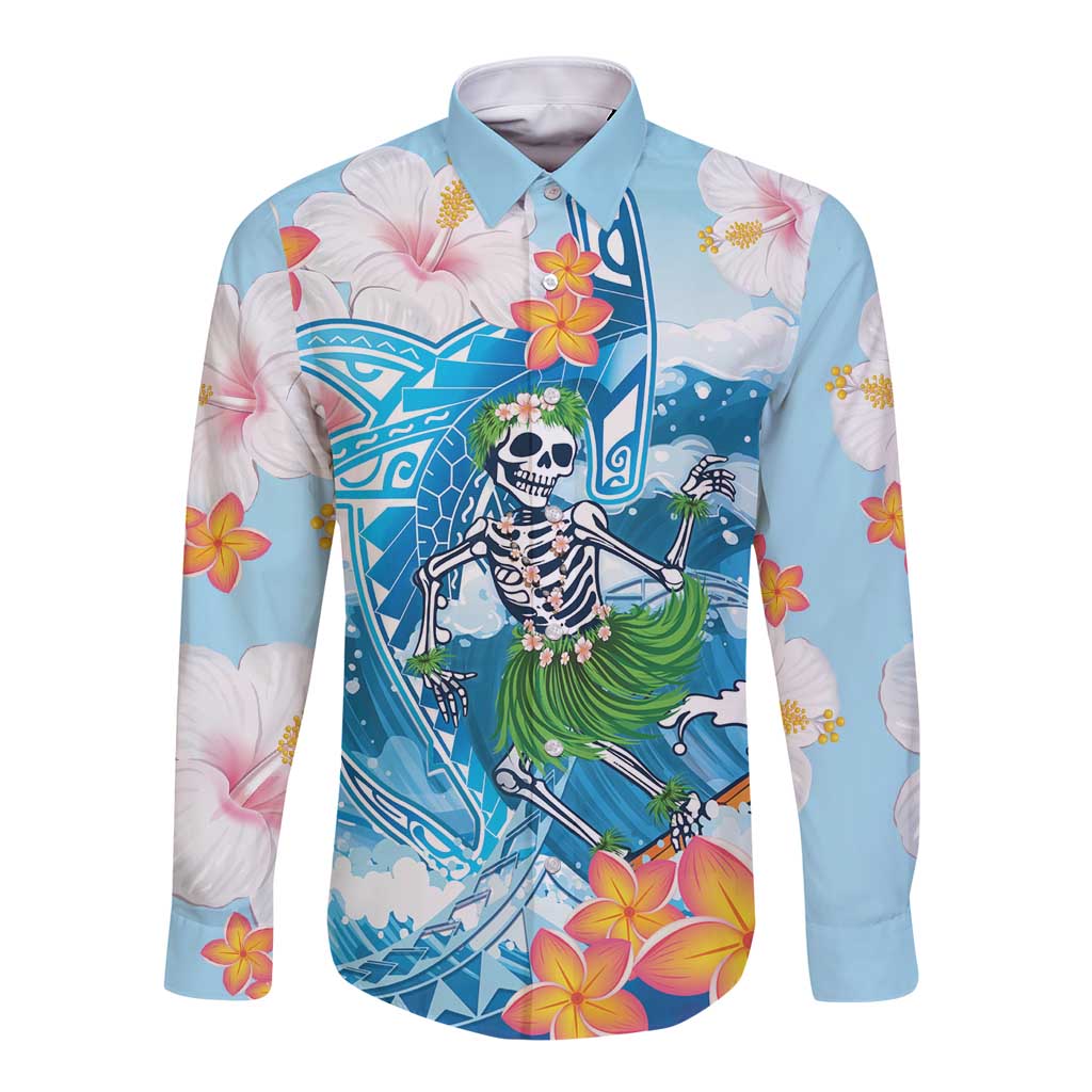 Personalized Hawaii Hula Girl Skeleton Dancing Long Sleeve Button Shirt Hibiscus Tribal Shark LT01 Unisex Blue - Polynesian Pride