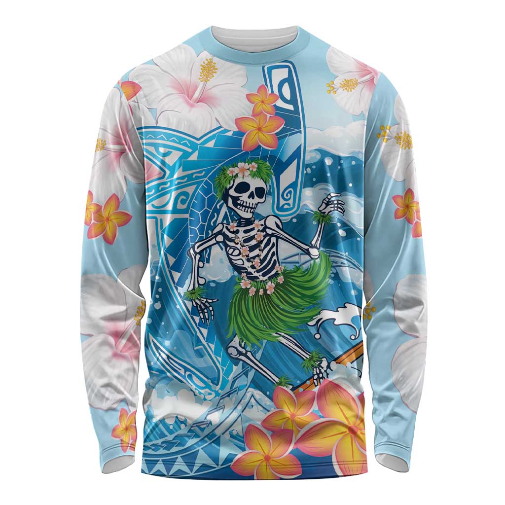 Personalized Hawaii Hula Girl Skeleton Dancing Long Sleeve Shirt Hibiscus Tribal Shark LT01 Unisex Blue - Polynesian Pride