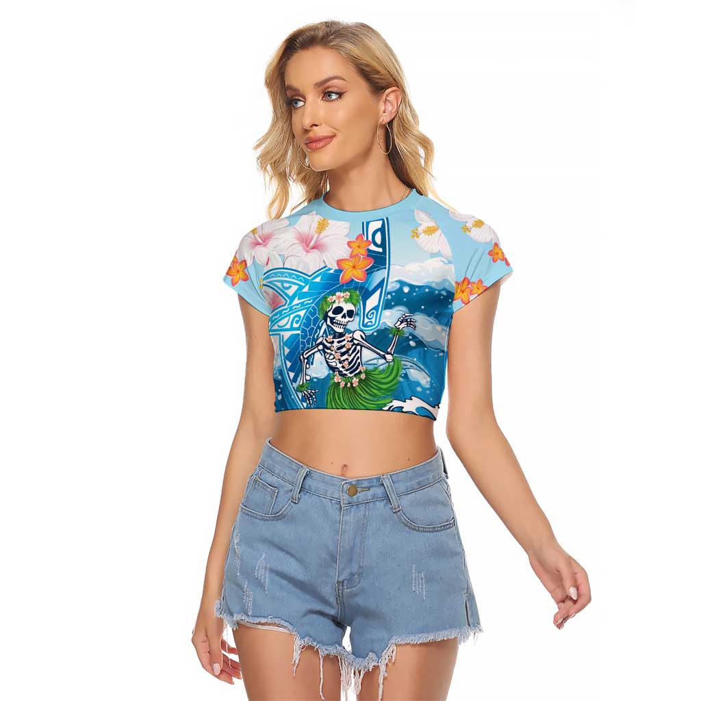 Personalized Hawaii Hula Girl Skeleton Dancing Raglan Cropped T Shirt Hibiscus Tribal Shark LT01 Female Blue - Polynesian Pride