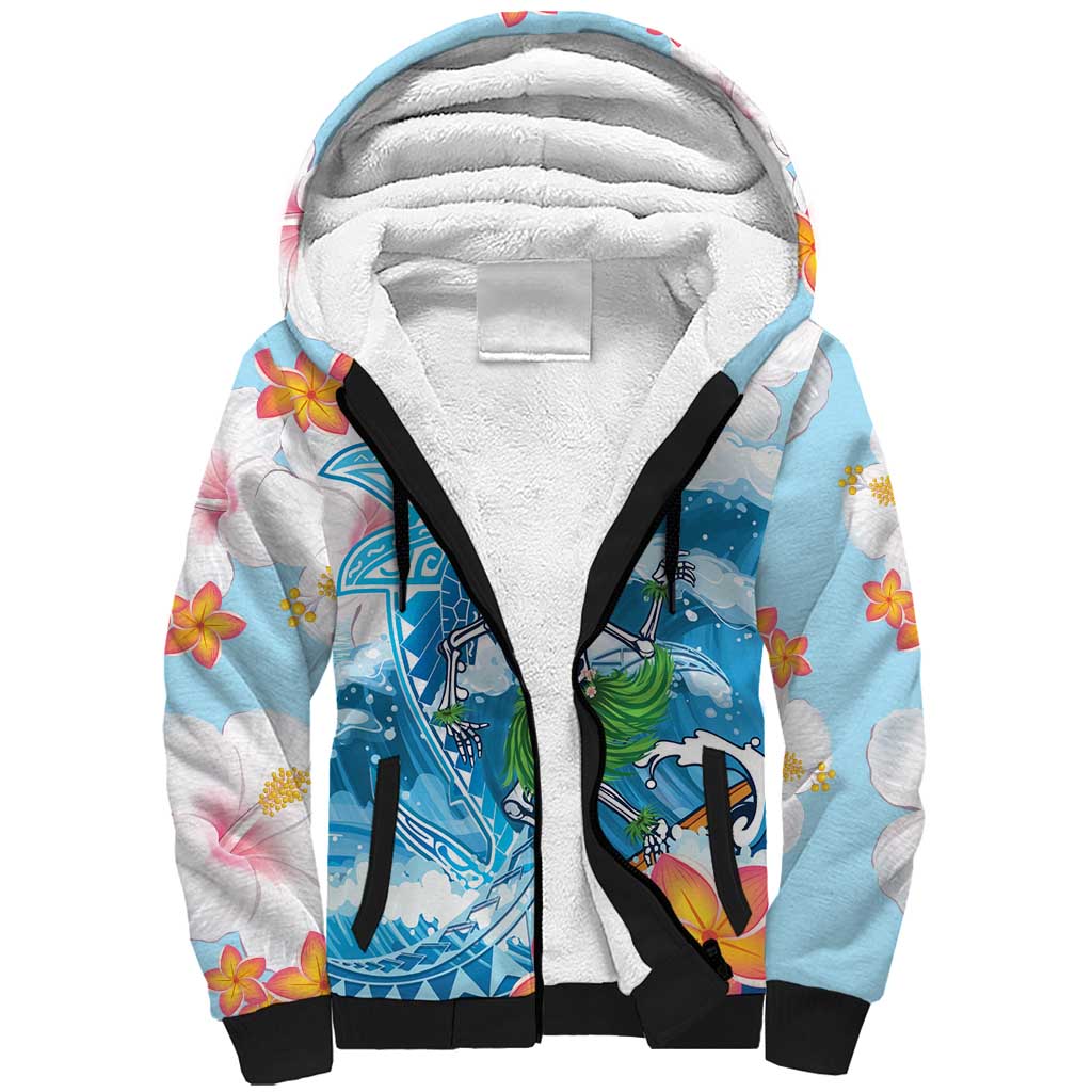 Personalized Hawaii Hula Girl Skeleton Dancing Sherpa Hoodie Hibiscus Tribal Shark LT01 Unisex Blue - Polynesian Pride