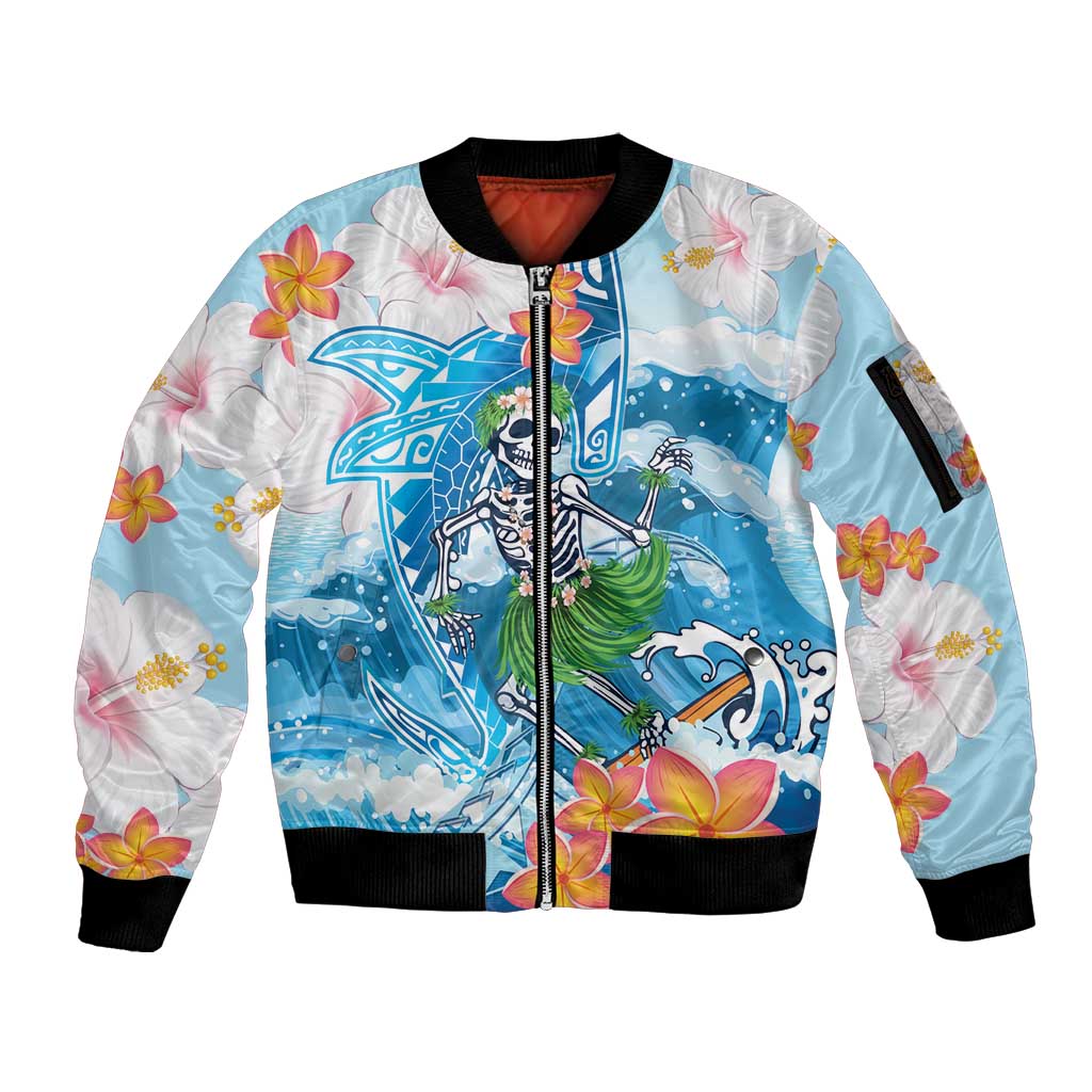 Personalized Hawaii Hula Girl Skeleton Dancing Sleeve Zip Bomber Jacket Hibiscus Tribal Shark LT01 Unisex Blue - Polynesian Pride