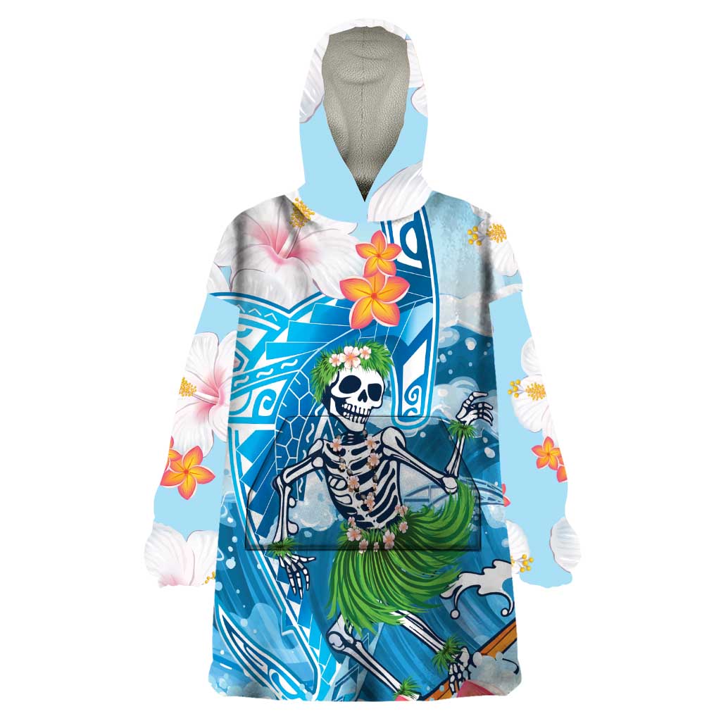 Personalized Hawaii Hula Girl Skeleton Dancing Wearable Blanket Hoodie Hibiscus Tribal Shark LT01 One Size Blue - Polynesian Pride