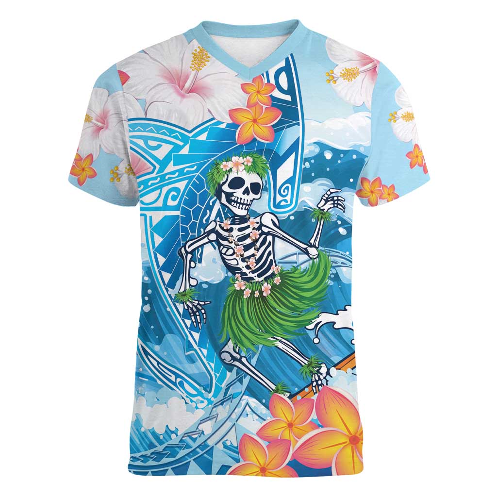 Personalized Hawaii Hula Girl Skeleton Dancing Women V-Neck T-Shirt Hibiscus Tribal Shark LT01 Female Blue - Polynesian Pride