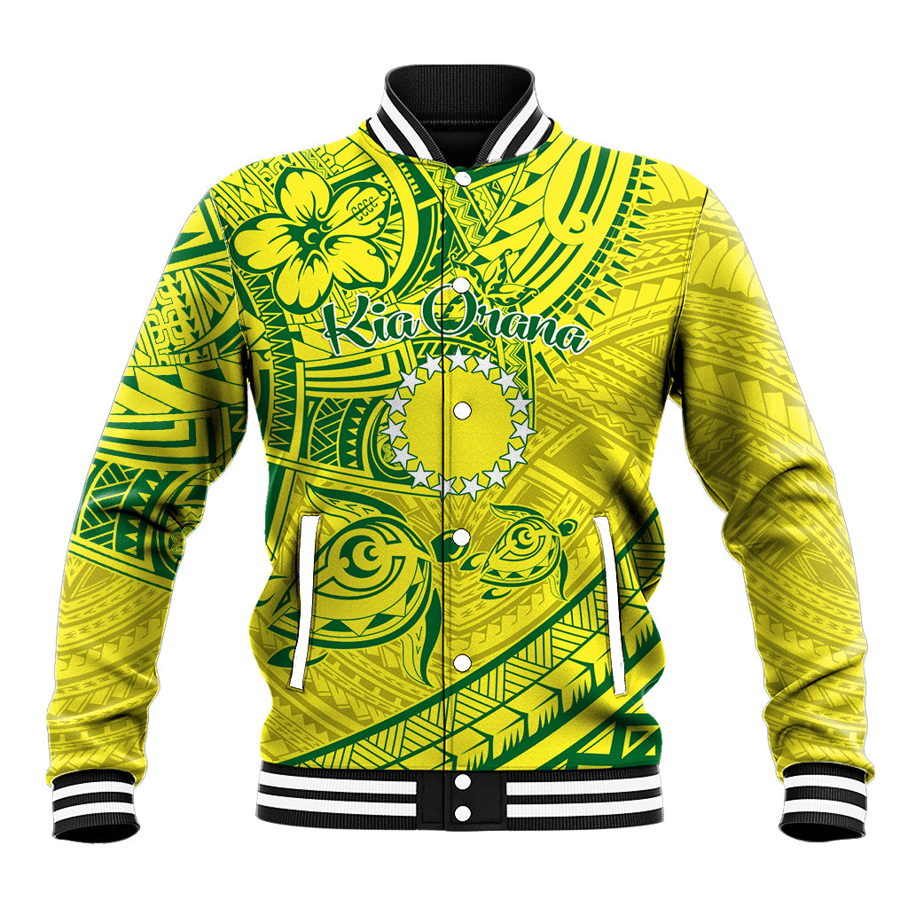 Kia Orana Cook Islands Baseball Jacket Turtle Yellow Green Polynesian Pattern LT01 Unisex Green - Polynesian Pride