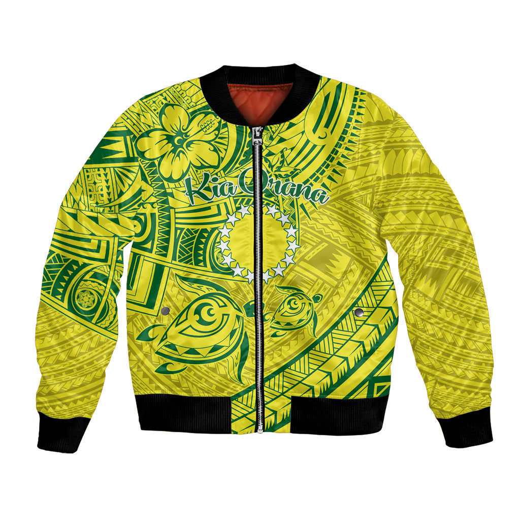 Kia Orana Cook Islands Bomber Jacket Turtle Yellow Green Polynesian Pattern LT01 Unisex Green - Polynesian Pride