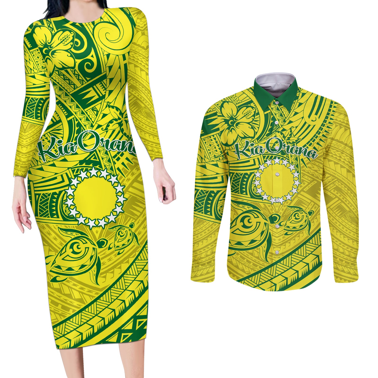 Kia Orana Cook Islands Couples Matching Long Sleeve Bodycon Dress and Long Sleeve Button Shirt Turtle Yellow Green Polynesian Pattern LT01 Green - Polynesian Pride
