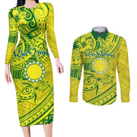 Kia Orana Cook Islands Couples Matching Long Sleeve Bodycon Dress and Long Sleeve Button Shirt Turtle Yellow Green Polynesian Pattern LT01 Green - Polynesian Pride