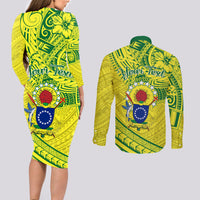 Kia Orana Cook Islands Couples Matching Long Sleeve Bodycon Dress and Long Sleeve Button Shirt Turtle Yellow Green Polynesian Pattern LT01 - Polynesian Pride