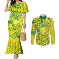 Kia Orana Cook Islands Couples Matching Mermaid Dress and Long Sleeve Button Shirt Turtle Yellow Green Polynesian Pattern LT01 Green - Polynesian Pride