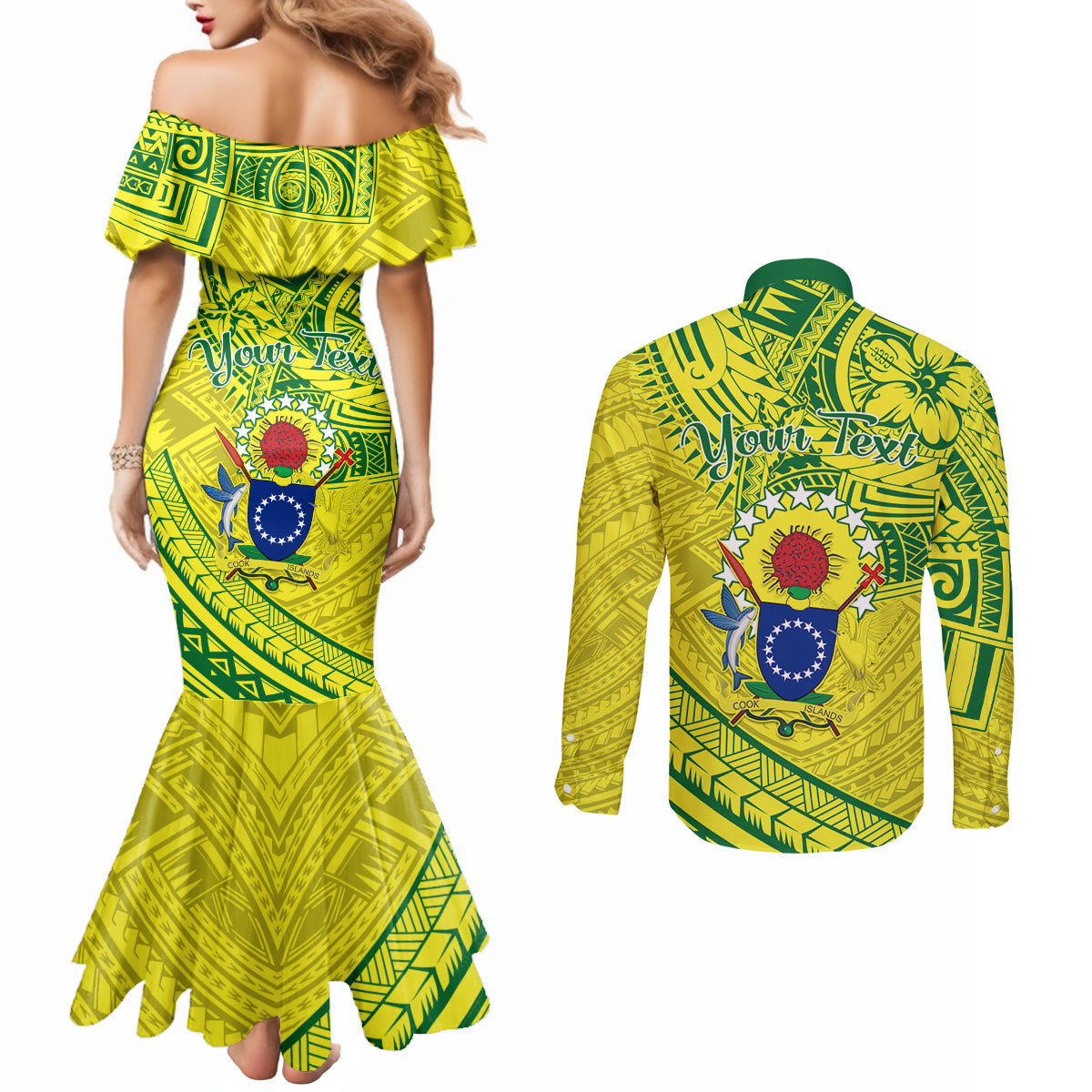 Kia Orana Cook Islands Couples Matching Mermaid Dress and Long Sleeve Button Shirt Turtle Yellow Green Polynesian Pattern LT01 - Polynesian Pride