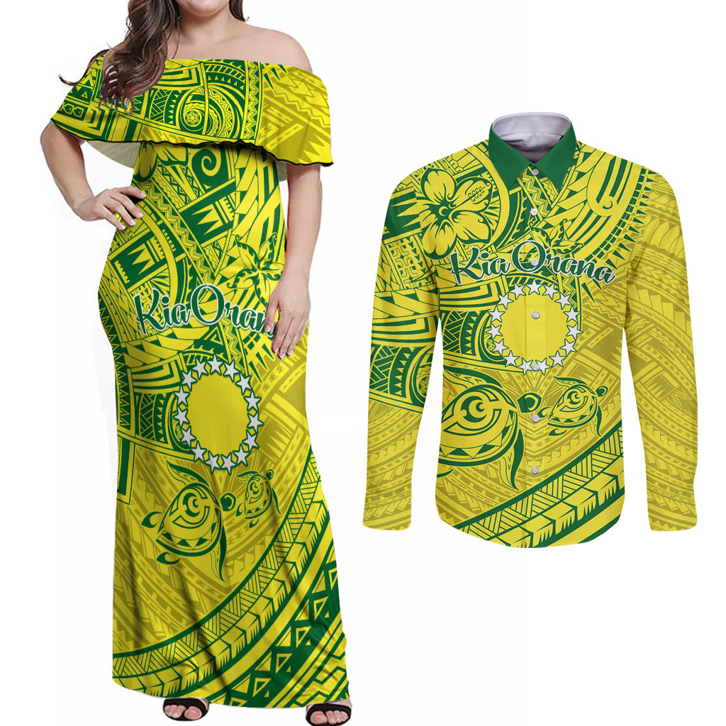 Kia Orana Cook Islands Couples Matching Off Shoulder Maxi Dress and Long Sleeve Button Shirt Turtle Yellow Green Polynesian Pattern LT01 Green - Polynesian Pride