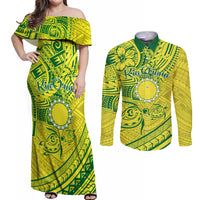 Kia Orana Cook Islands Couples Matching Off Shoulder Maxi Dress and Long Sleeve Button Shirt Turtle Yellow Green Polynesian Pattern LT01 Green - Polynesian Pride