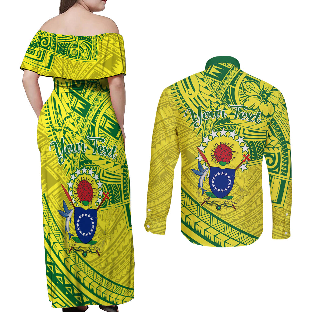 Kia Orana Cook Islands Couples Matching Off Shoulder Maxi Dress and Long Sleeve Button Shirt Turtle Yellow Green Polynesian Pattern LT01 - Polynesian Pride