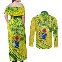 Kia Orana Cook Islands Couples Matching Off Shoulder Maxi Dress and Long Sleeve Button Shirt Turtle Yellow Green Polynesian Pattern LT01 - Polynesian Pride