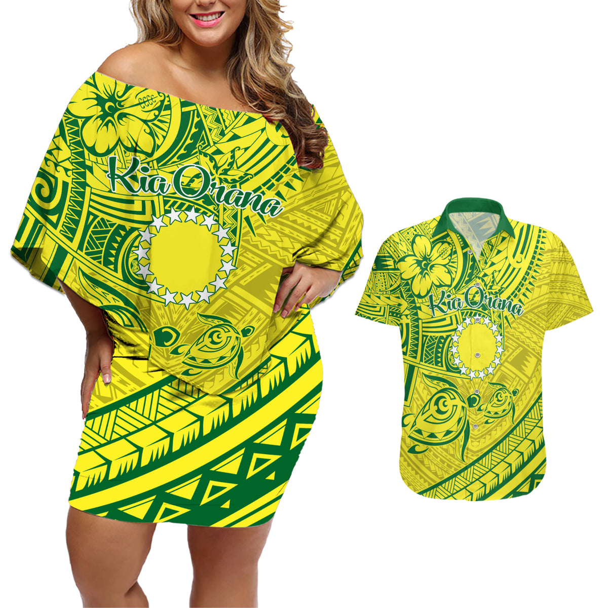 Kia Orana Cook Islands Couples Matching Off Shoulder Short Dress and Hawaiian Shirt Turtle Yellow Green Polynesian Pattern LT01 Green - Polynesian Pride