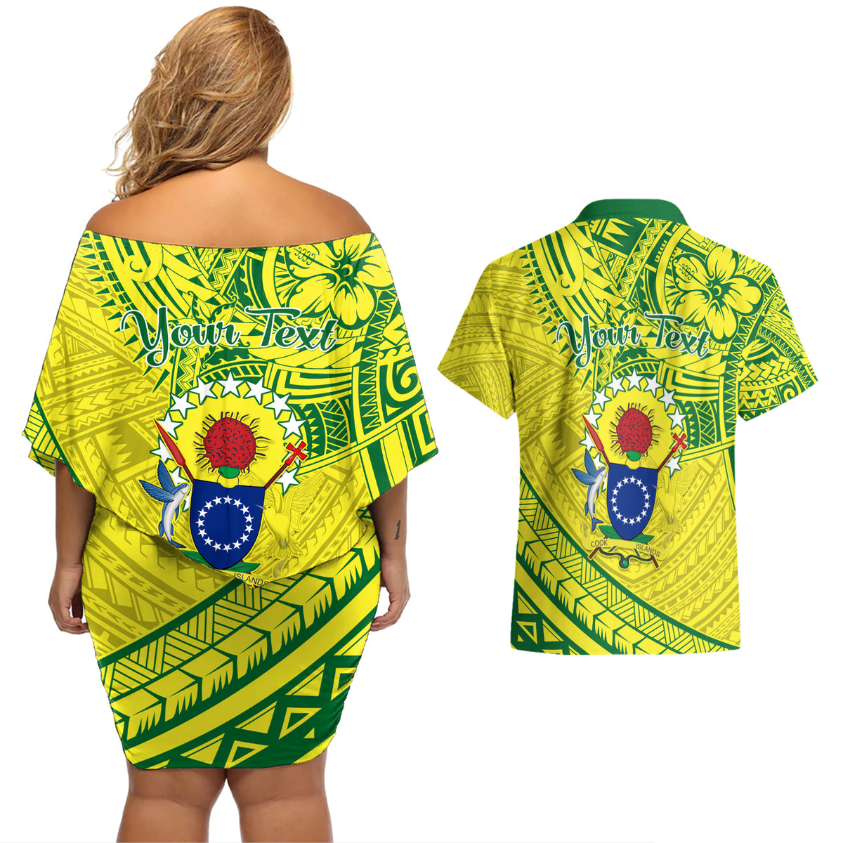 Kia Orana Cook Islands Couples Matching Off Shoulder Short Dress and Hawaiian Shirt Turtle Yellow Green Polynesian Pattern LT01 - Polynesian Pride