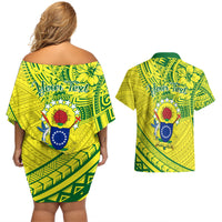 Kia Orana Cook Islands Couples Matching Off Shoulder Short Dress and Hawaiian Shirt Turtle Yellow Green Polynesian Pattern LT01 - Polynesian Pride