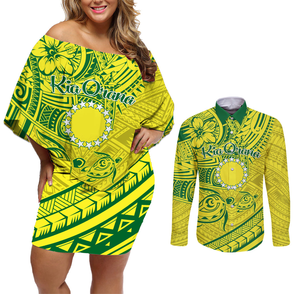 Kia Orana Cook Islands Couples Matching Off Shoulder Short Dress and Long Sleeve Button Shirt Turtle Yellow Green Polynesian Pattern LT01 Green - Polynesian Pride