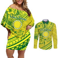 Kia Orana Cook Islands Couples Matching Off Shoulder Short Dress and Long Sleeve Button Shirt Turtle Yellow Green Polynesian Pattern LT01 Green - Polynesian Pride