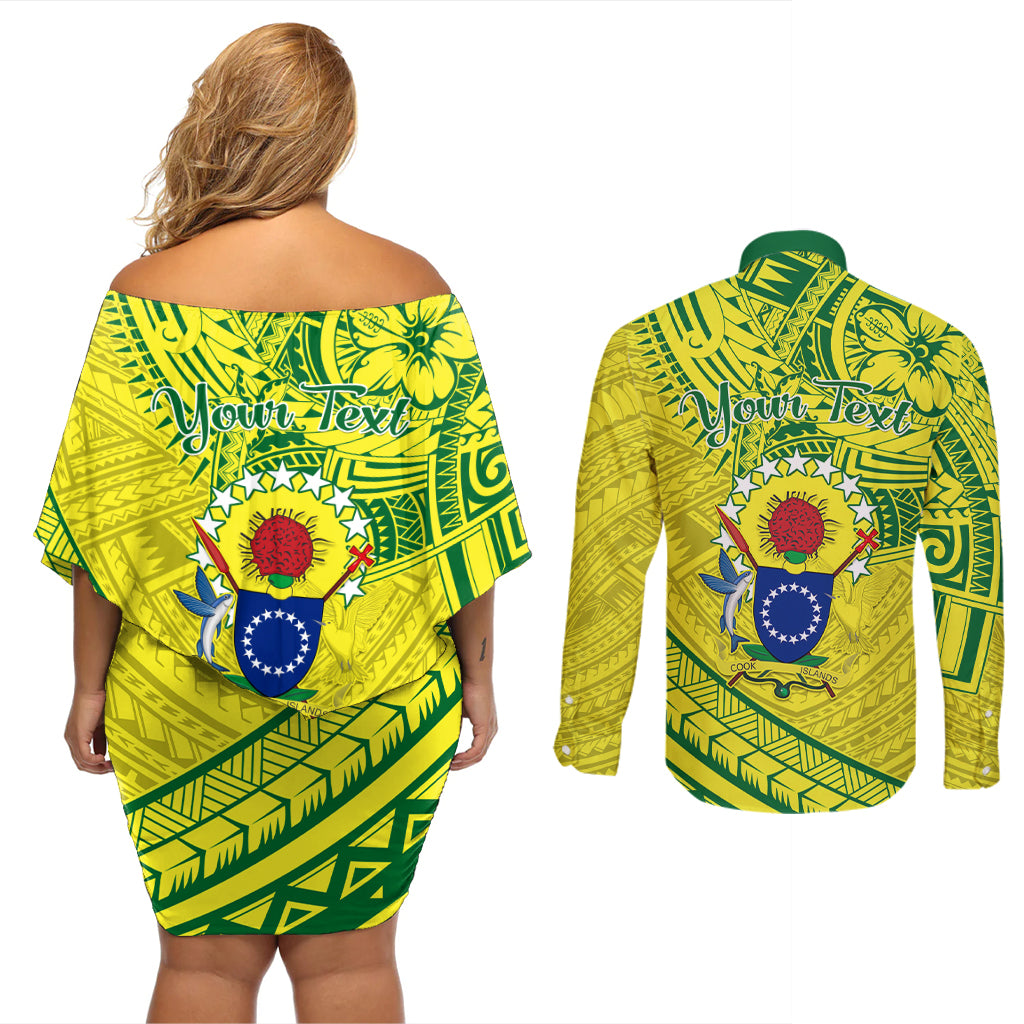 Kia Orana Cook Islands Couples Matching Off Shoulder Short Dress and Long Sleeve Button Shirt Turtle Yellow Green Polynesian Pattern LT01 - Polynesian Pride