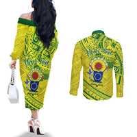 Kia Orana Cook Islands Couples Matching Off The Shoulder Long Sleeve Dress and Long Sleeve Button Shirt Turtle Yellow Green Polynesian Pattern LT01 - Polynesian Pride