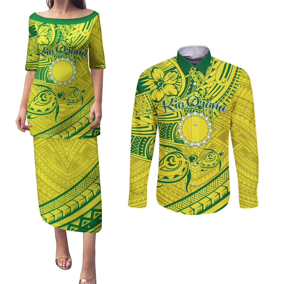 Kia Orana Cook Islands Couples Matching Puletasi Dress and Long Sleeve Button Shirt Turtle Yellow Green Polynesian Pattern LT01 Green - Polynesian Pride