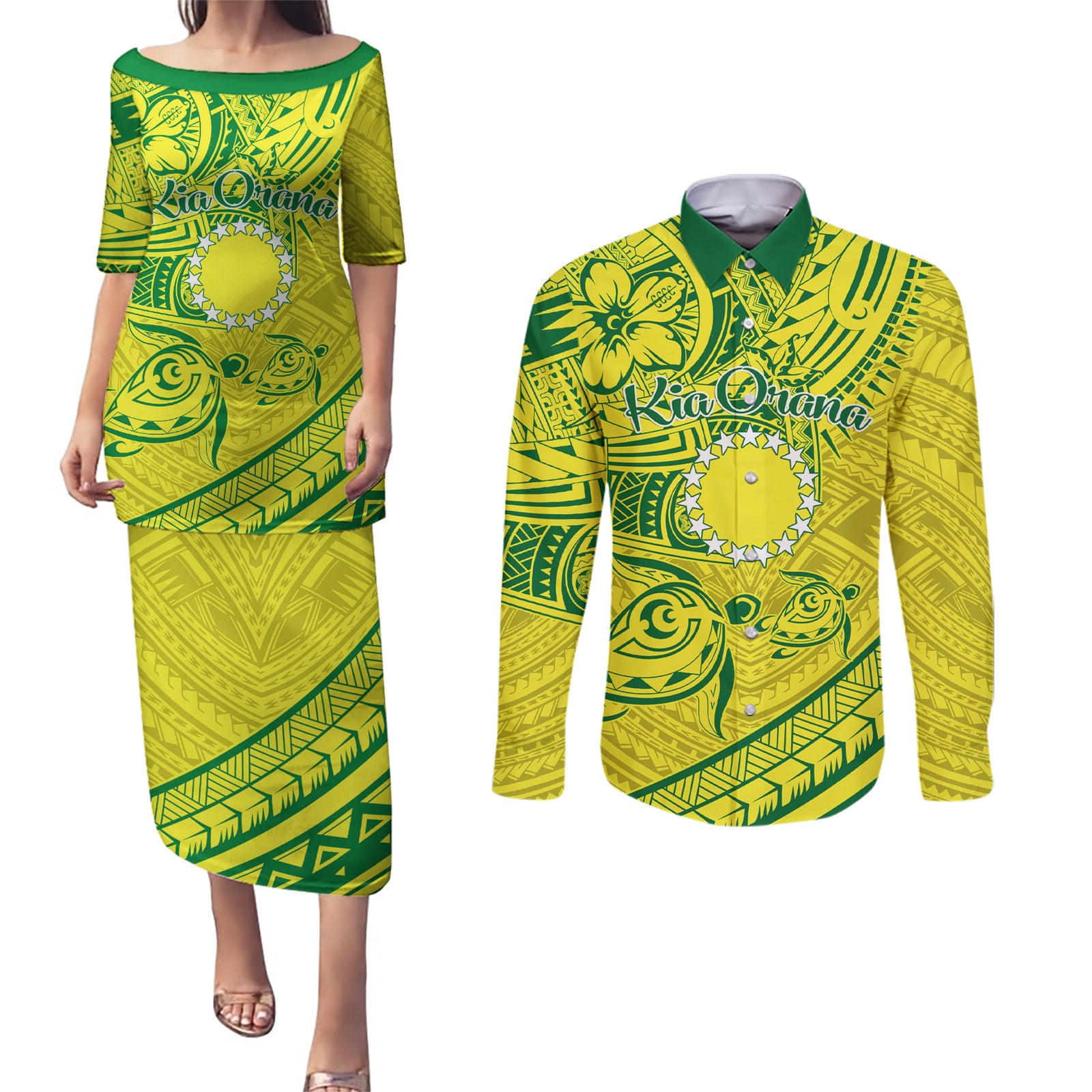 Kia Orana Cook Islands Couples Matching Puletasi Dress and Long Sleeve Button Shirt Turtle Yellow Green Polynesian Pattern LT01 Green - Polynesian Pride