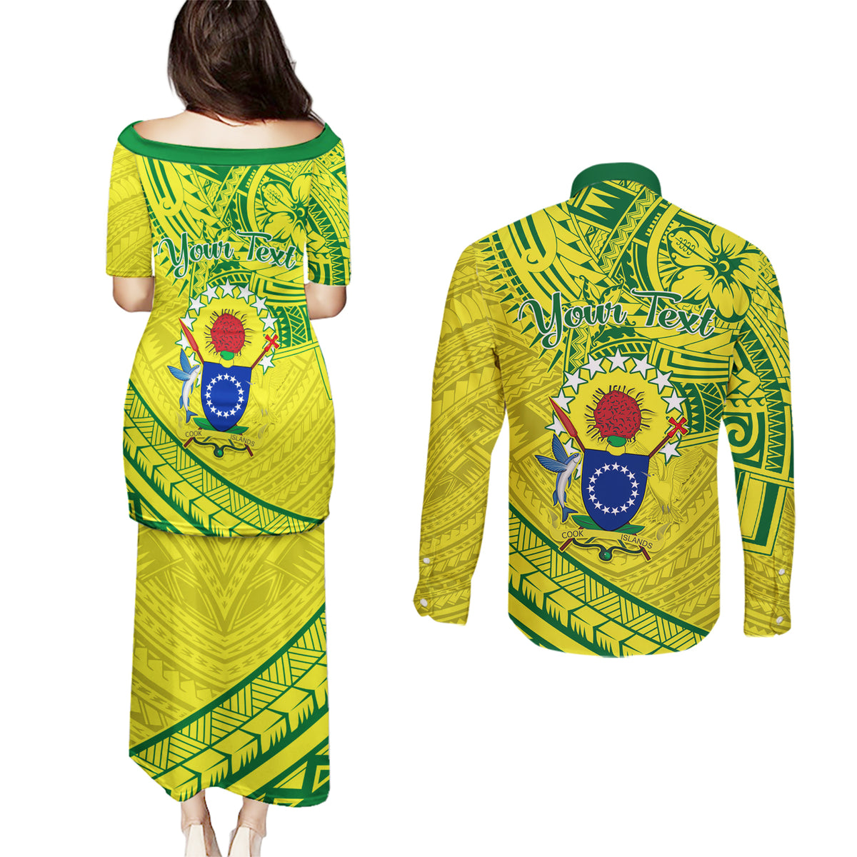 Kia Orana Cook Islands Couples Matching Puletasi Dress and Long Sleeve Button Shirt Turtle Yellow Green Polynesian Pattern LT01 - Polynesian Pride