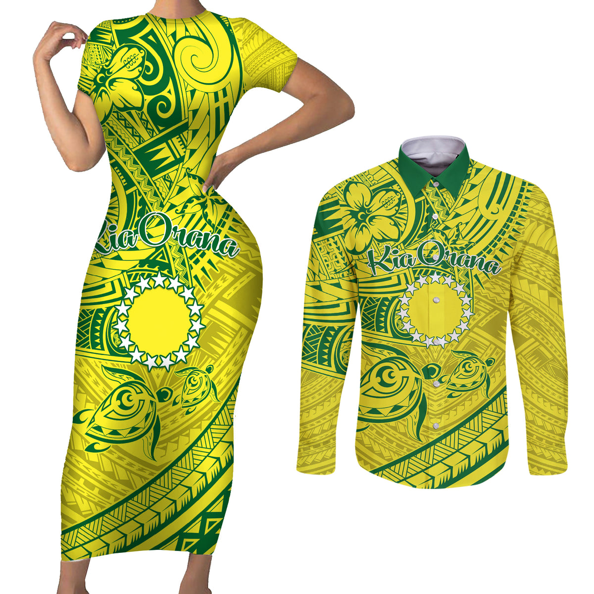 Kia Orana Cook Islands Couples Matching Short Sleeve Bodycon Dress and Long Sleeve Button Shirt Turtle Yellow Green Polynesian Pattern LT01 Green - Polynesian Pride