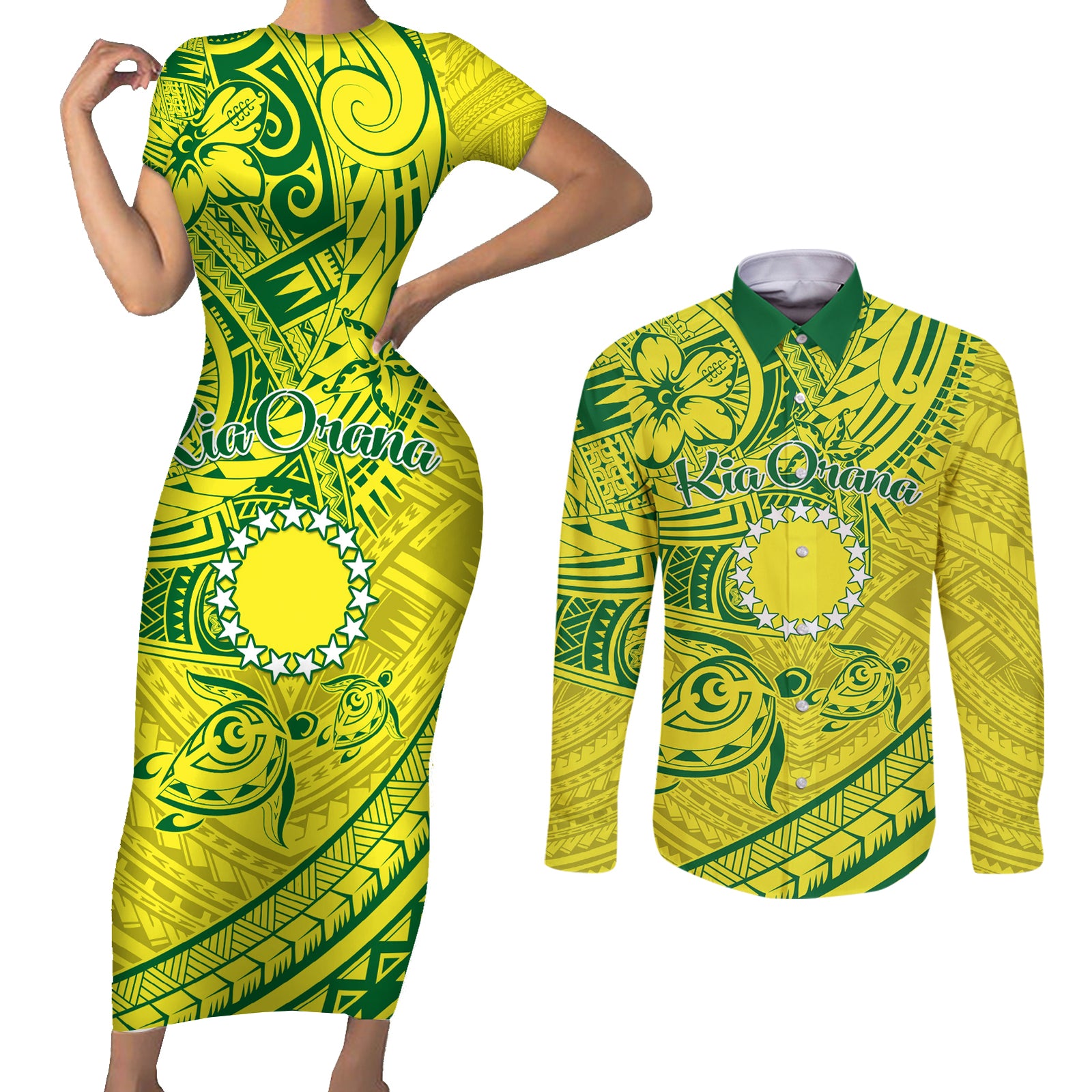 Kia Orana Cook Islands Couples Matching Short Sleeve Bodycon Dress and Long Sleeve Button Shirt Turtle Yellow Green Polynesian Pattern LT01 Green - Polynesian Pride