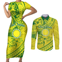 Kia Orana Cook Islands Couples Matching Short Sleeve Bodycon Dress and Long Sleeve Button Shirt Turtle Yellow Green Polynesian Pattern LT01 Green - Polynesian Pride