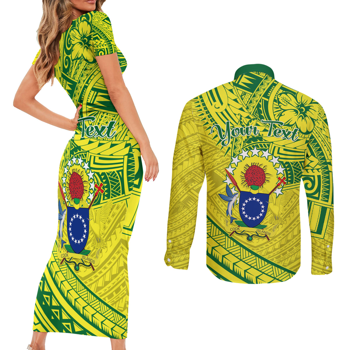 Kia Orana Cook Islands Couples Matching Short Sleeve Bodycon Dress and Long Sleeve Button Shirt Turtle Yellow Green Polynesian Pattern LT01 - Polynesian Pride