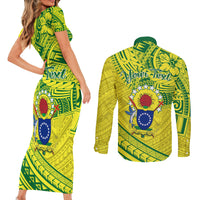 Kia Orana Cook Islands Couples Matching Short Sleeve Bodycon Dress and Long Sleeve Button Shirt Turtle Yellow Green Polynesian Pattern LT01 - Polynesian Pride