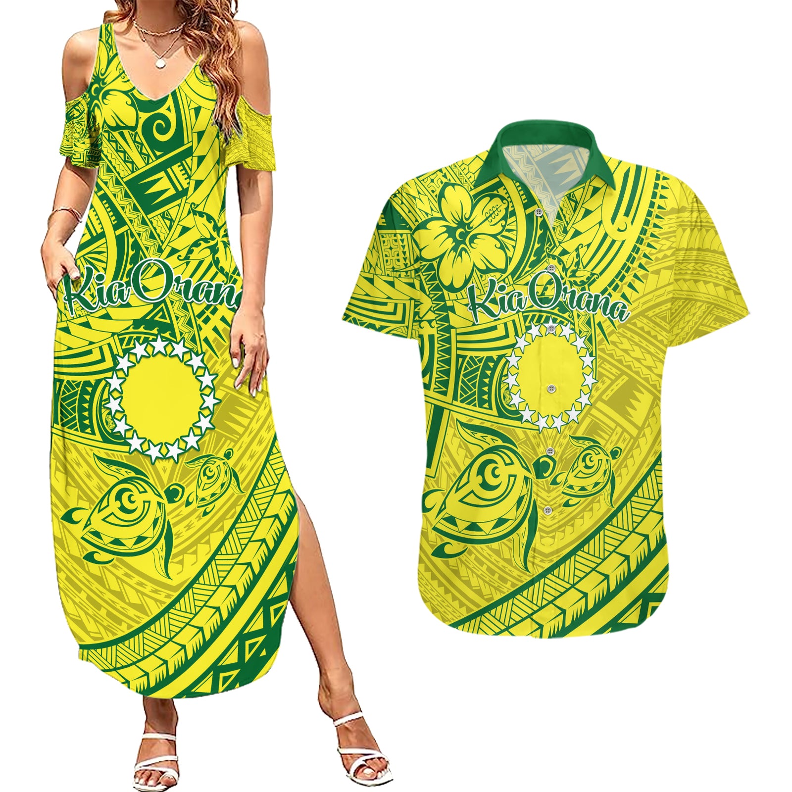 Kia Orana Cook Islands Couples Matching Summer Maxi Dress and Hawaiian Shirt Turtle Yellow Green Polynesian Pattern LT01 Green - Polynesian Pride
