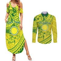 Kia Orana Cook Islands Couples Matching Summer Maxi Dress and Long Sleeve Button Shirt Turtle Yellow Green Polynesian Pattern LT01 Green - Polynesian Pride