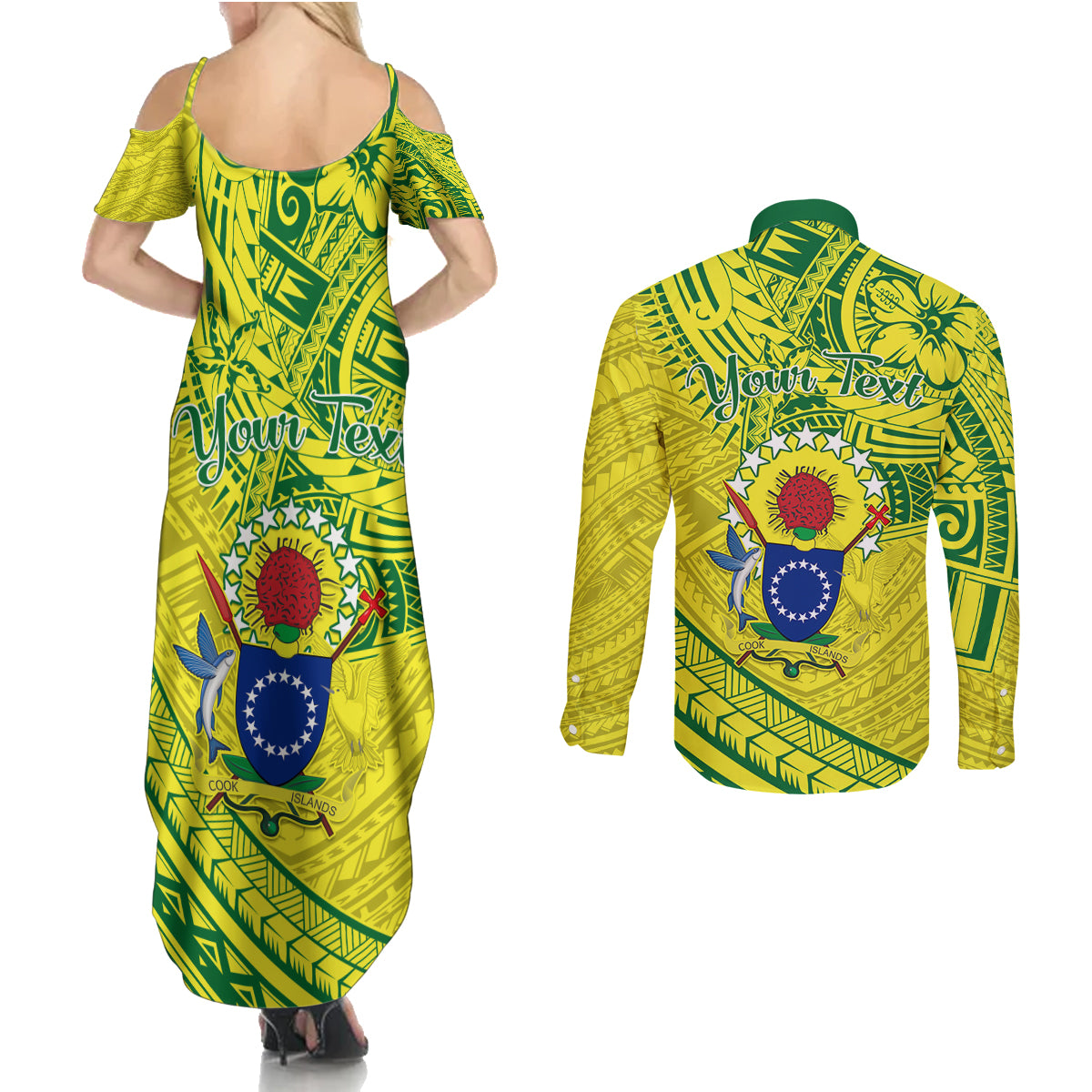Kia Orana Cook Islands Couples Matching Summer Maxi Dress and Long Sleeve Button Shirt Turtle Yellow Green Polynesian Pattern LT01 - Polynesian Pride