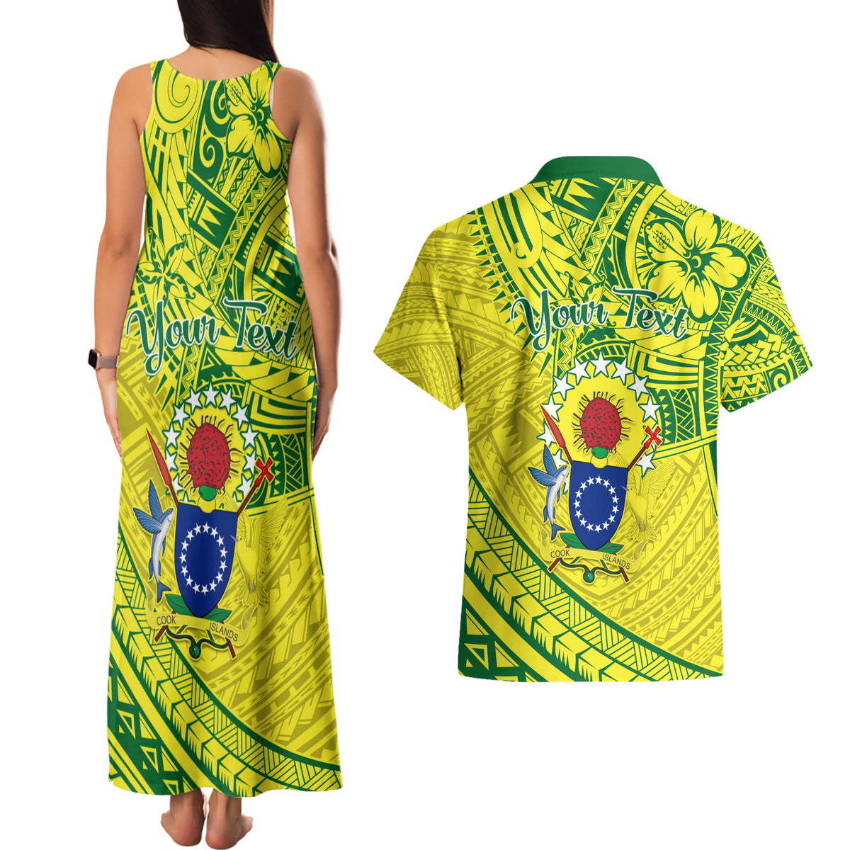 Kia Orana Cook Islands Couples Matching Tank Maxi Dress and Hawaiian Shirt Turtle Yellow Green Polynesian Pattern LT01 - Polynesian Pride