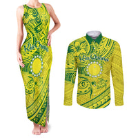 Kia Orana Cook Islands Couples Matching Tank Maxi Dress and Long Sleeve Button Shirt Turtle Yellow Green Polynesian Pattern LT01 Green - Polynesian Pride