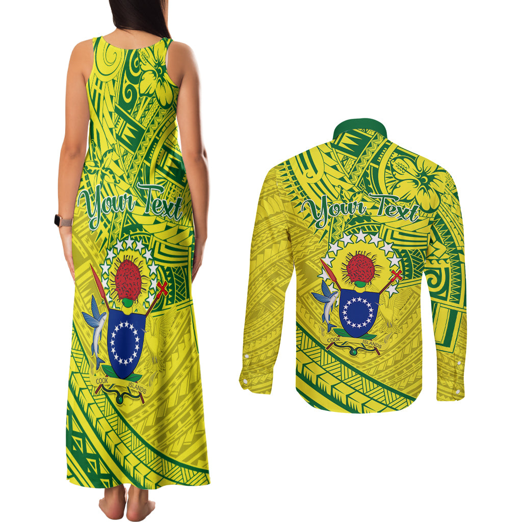Kia Orana Cook Islands Couples Matching Tank Maxi Dress and Long Sleeve Button Shirt Turtle Yellow Green Polynesian Pattern LT01 - Polynesian Pride