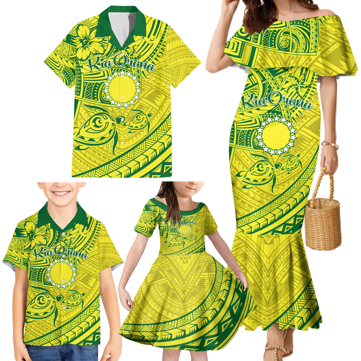 Kia Orana Cook Islands Family Matching Mermaid Dress and Hawaiian Shirt Turtle Yellow Green Polynesian Pattern LT01 - Polynesian Pride