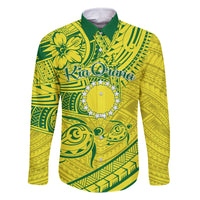 Kia Orana Cook Islands Family Matching Off Shoulder Maxi Dress and Hawaiian Shirt Turtle Yellow Green Polynesian Pattern LT01 Dad's Shirt - Long Sleeve Green - Polynesian Pride