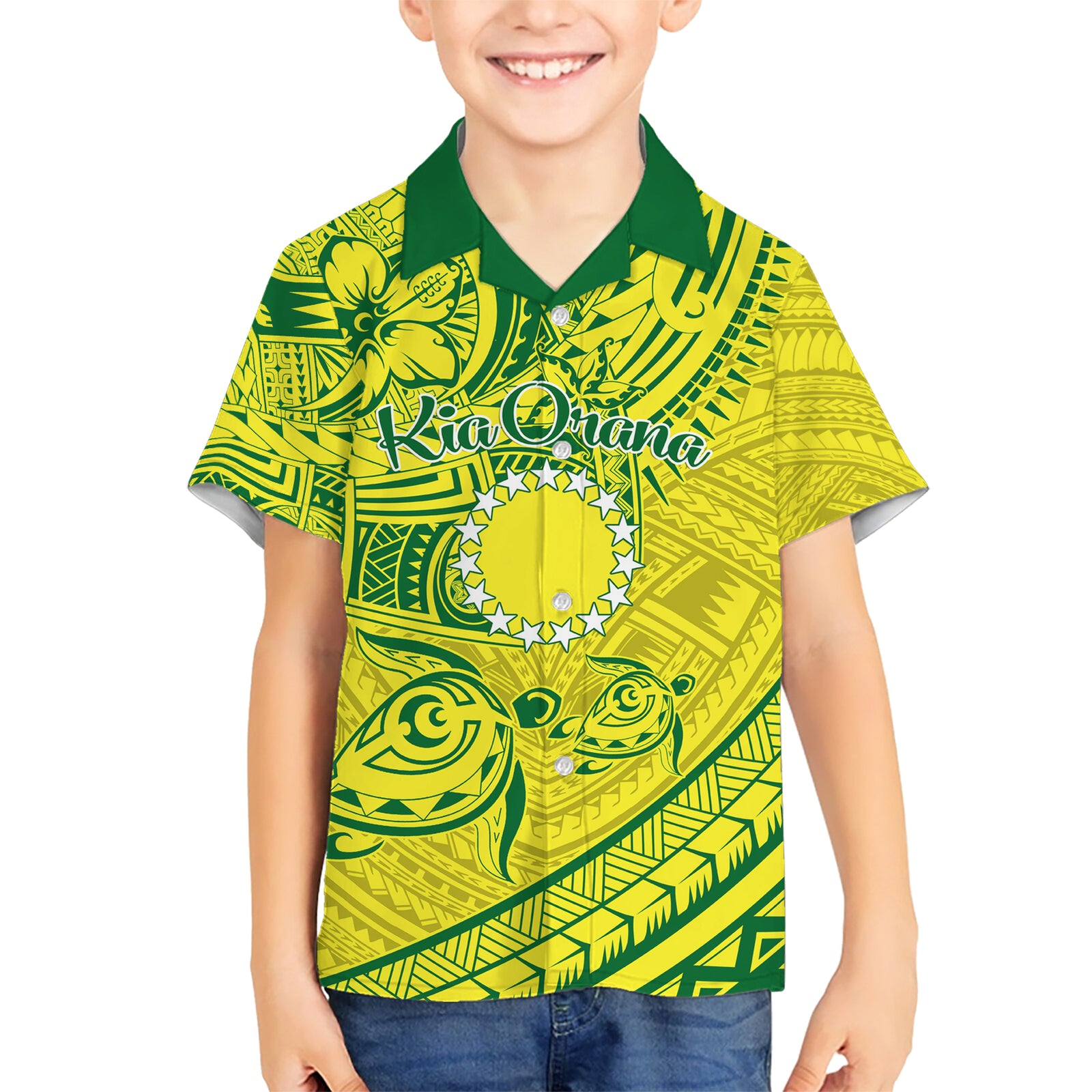 Kia Orana Cook Islands Kid Hawaiian Shirt Turtle Yellow Green Polynesian Pattern LT01 Kid Green - Polynesian Pride