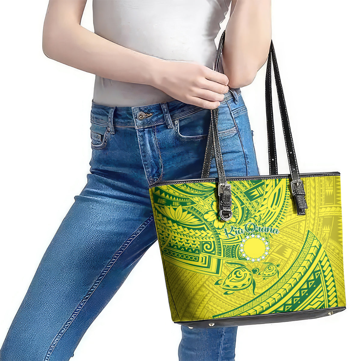 Kia Orana Cook Islands Leather Tote Bag Turtle Yellow Green Polynesian Pattern LT01 - Polynesian Pride